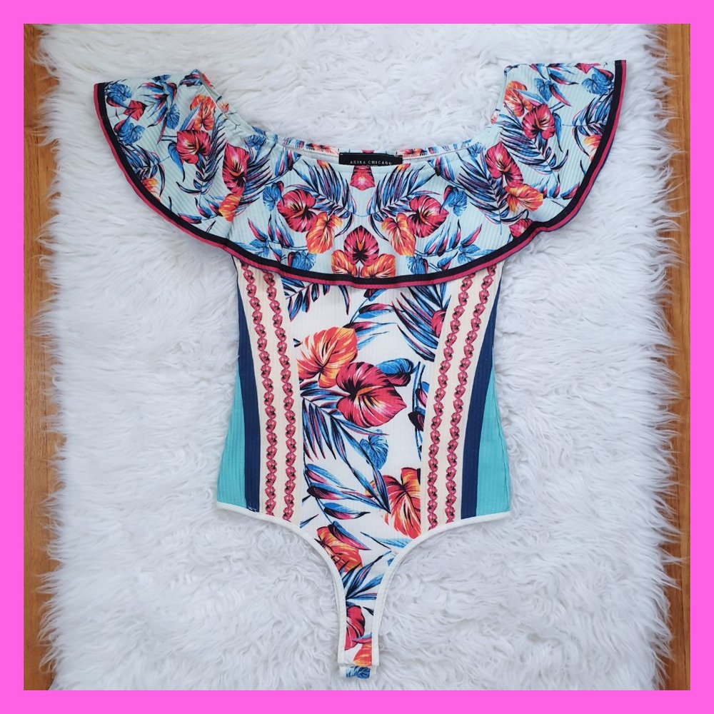 Akira Off Shoulder Ruffle Bodysuit Top Beach Summer Exotic Floral Print - S